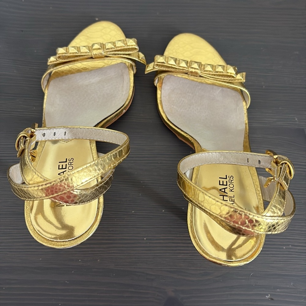 Michael Kors Livvy Ankle Heeled Sandals Strappy Metallic‎ Leather Gold Size 7.5 - Picture 9 of 14